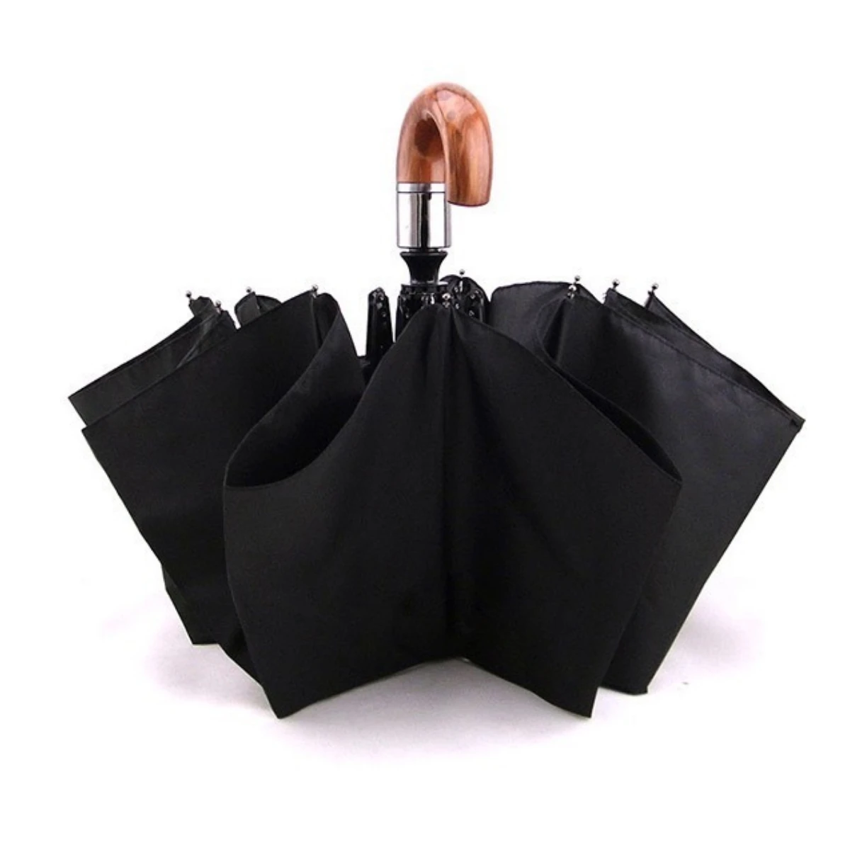 Automatic Curved Hook Portable,Thickened Wooden Handle,Commuter Foldable Rainproof Umbrella,Birthday Xmas Gift