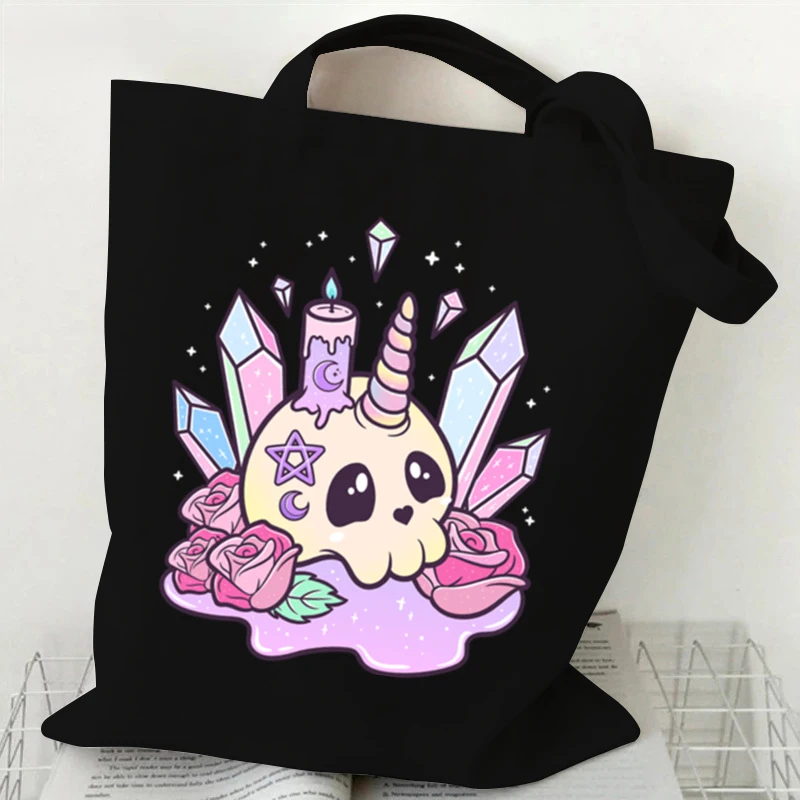 Cat Skull Gothic Punk Shopping Bags Large Capacity Canvas Folding Eco-Friendly Tote Bags Reusable Shoulder Bag Grocery Handbag