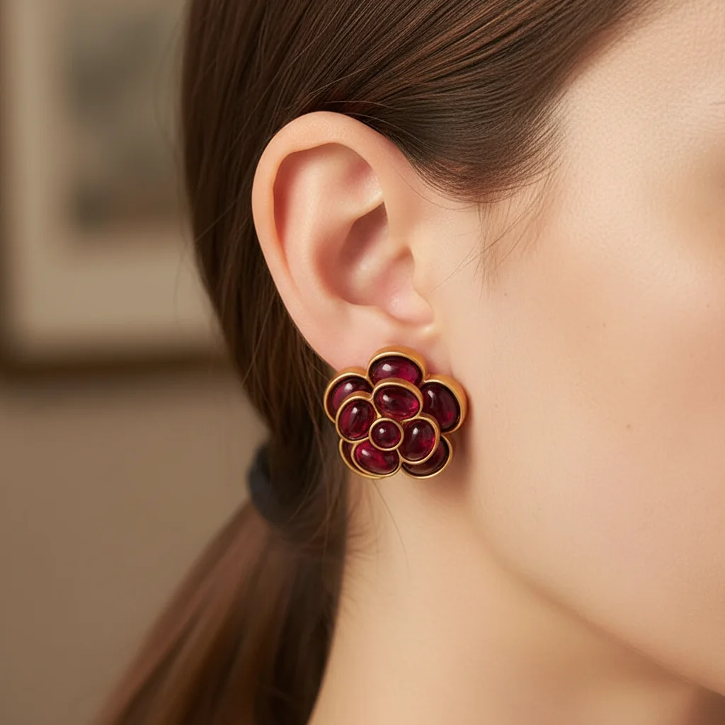 Vintage Camellia Flower Clip Earrings - Ruby Crystal Gold Color Petal Design for Women Daily Party Ear Charm