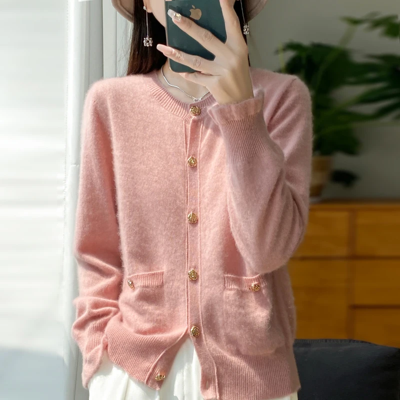 autumn and winter New 100% merino wool cashmere sweater women\'s round neck pocket cardigan solid color knitted coat loose top