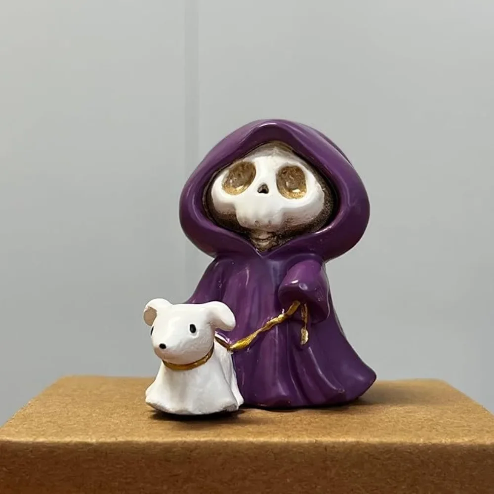1Pcs Grim Reaper Dog Halloween Resin Figurine Purple Cloak Ghost Statue for Home Decor Party Gift Collectible Gothic Home Decor