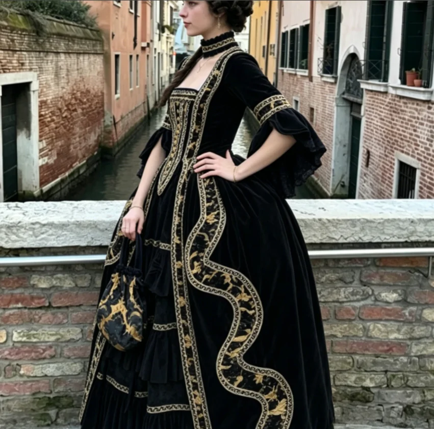 Nuevo Vestido de Terciopelo Negro Estilo Barroco Rococó de los Años 1770, Disfraz de Reina María Antonieta, Traje para Baile de Máscaras de Venecia