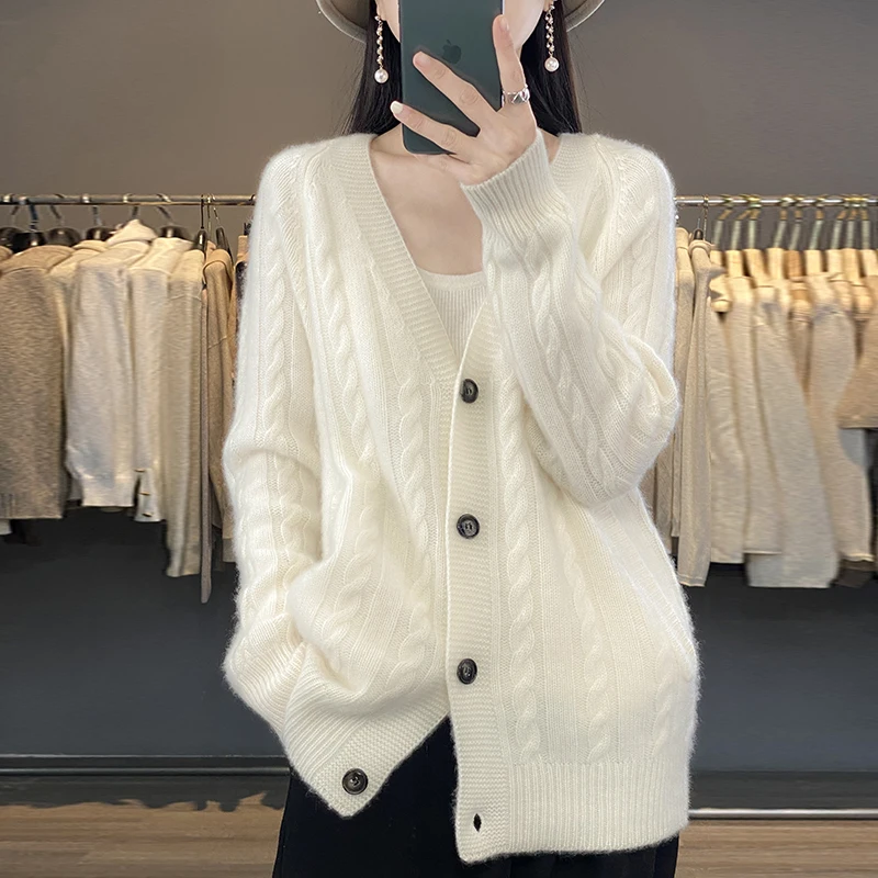 

Women's sweater cardigan coat pure wool 2023 autumn and winter new V-neck twisted flower long sleeve high-end sweater