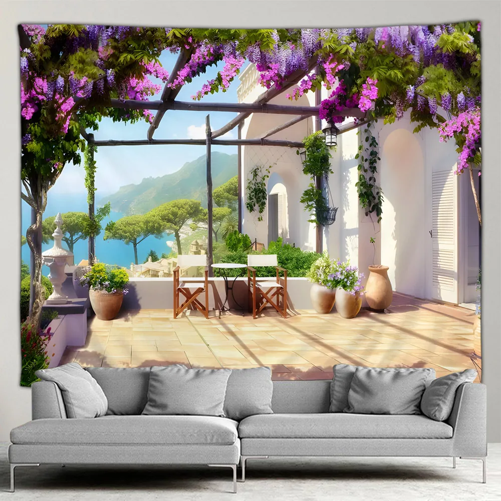 Garden Tapestry Flower Wall Hanging Green Plant Forest Landscape Polyester Fabric Balcony Courtyard Home Decor Wall Tapestries