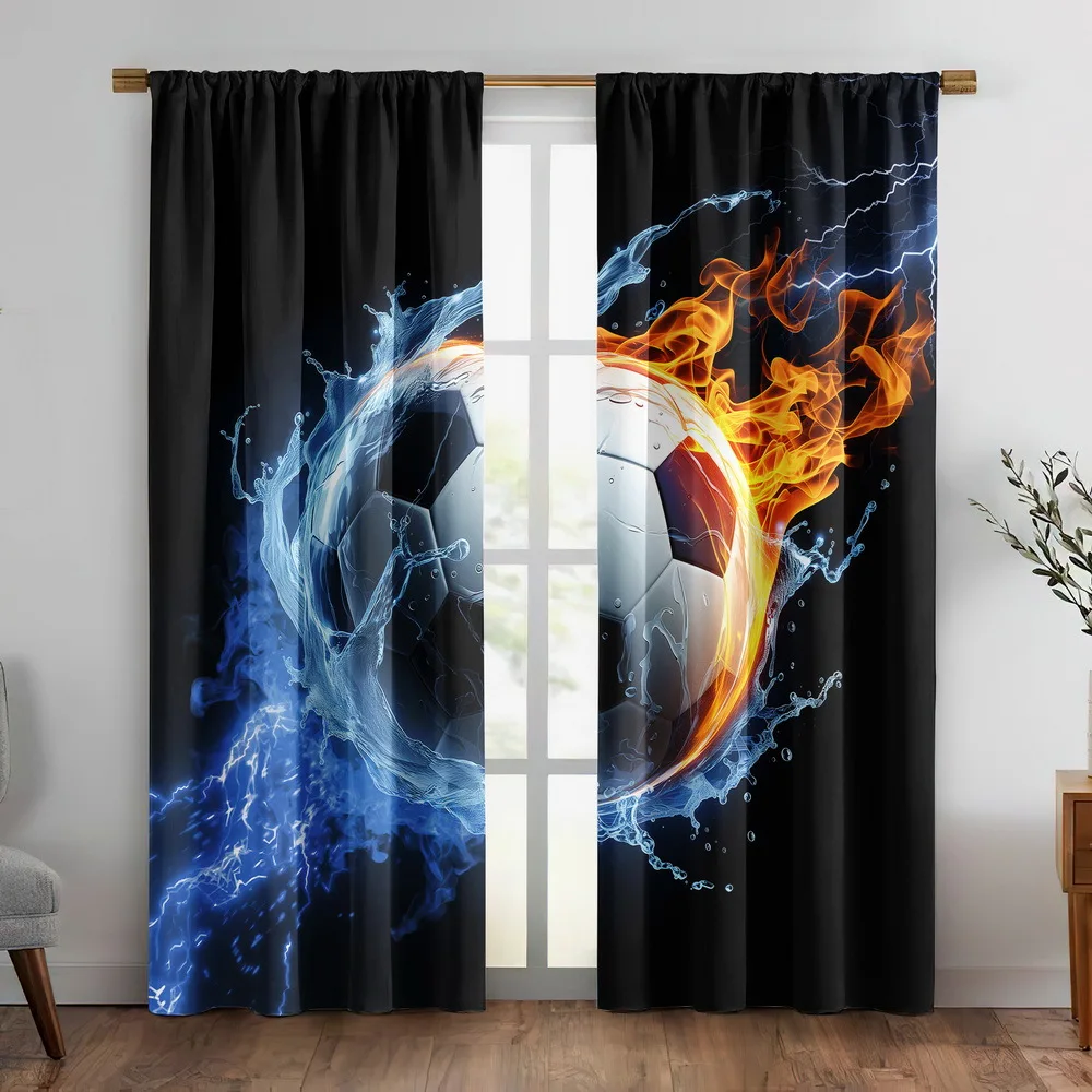 2pcs Football Print Curtains Fire and Ice Ball Design Sports Theme Dynamic Style Polyester Window Drapes for Living Room Bedroom