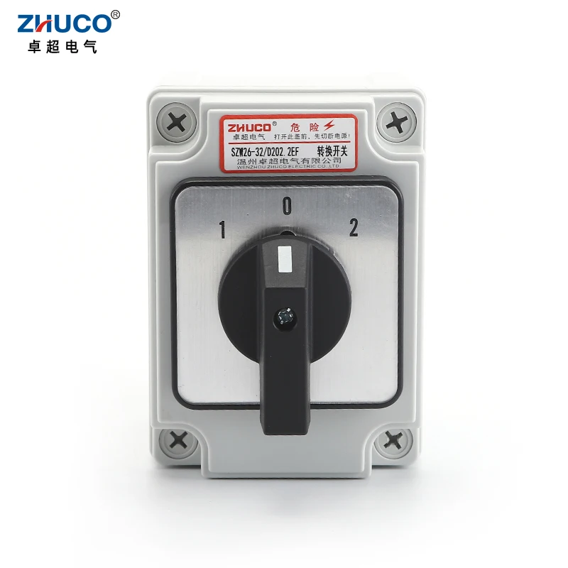 ZHUCO SZW26/LW26-32/D202.2EF 32A 3 Position 2 Phase 1 0 2 Panel Universal Changeover Rotary Knob Cam Switch With Waterproof Box