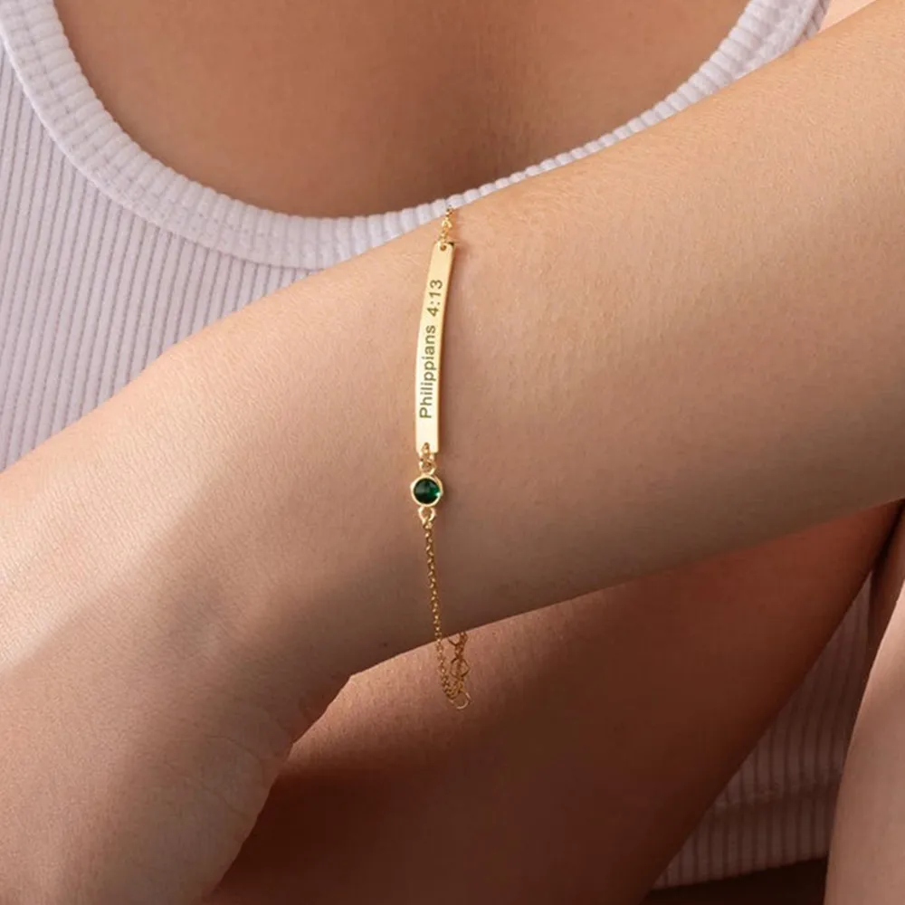 Fashion Customized Geometric Bar Name Bracelet for Women Stainless Steel Nameplate with Birthstone Personalized Jewelry Gift