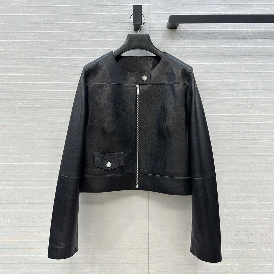 

Винтажная черная роскошная куртка из 100% овечьей кожи для женщин, с круглым вырезом, на пуговицах и молнии, с длинными рукавами, новая коллекция Весна-Осень 2026, укороченная модель