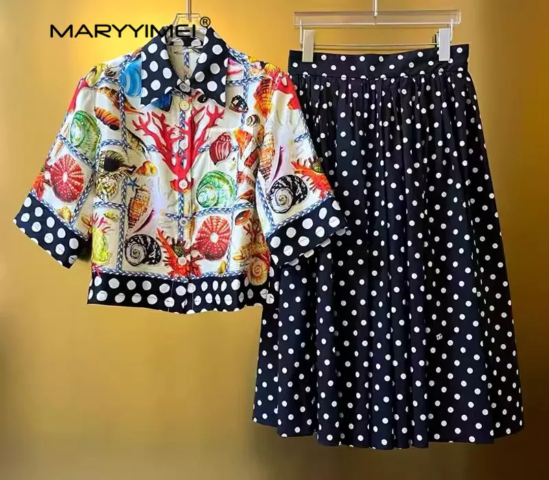 MARYYIMEI Summer Women\'s Suit Turn-Down Collar Single-Breasted Half Sleeved Silk Tops+Dots Print cotton skirt 2 Piece Set