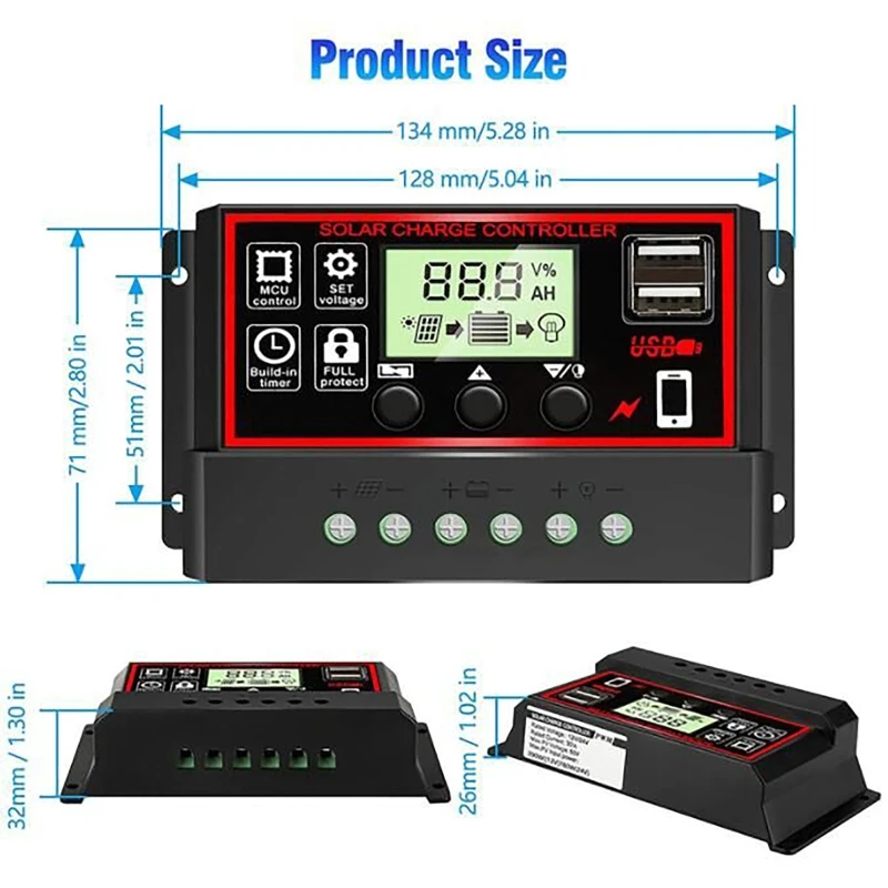 100A 60A Solar Charge Controller Dual USB LCD Display Auto Panel Regulator Battery Charge Controller Timer Setting 12V 24V