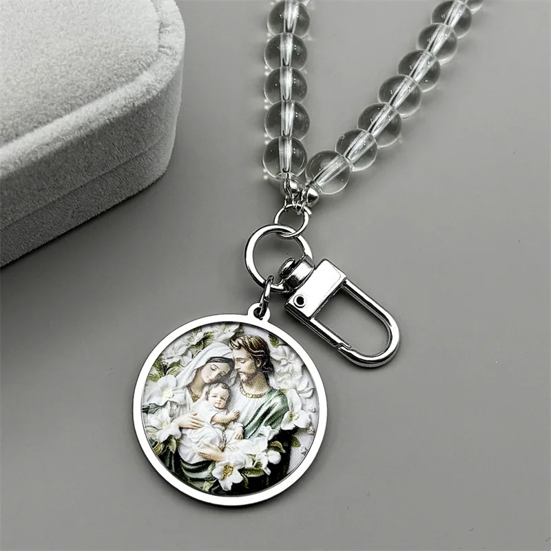 Virgen María bebé Jesús medalla de cristal colgantes de coche para Mujeres Hombres Acero inoxidable Color dorado St. Joseph amuleto cuentas cadena joyería