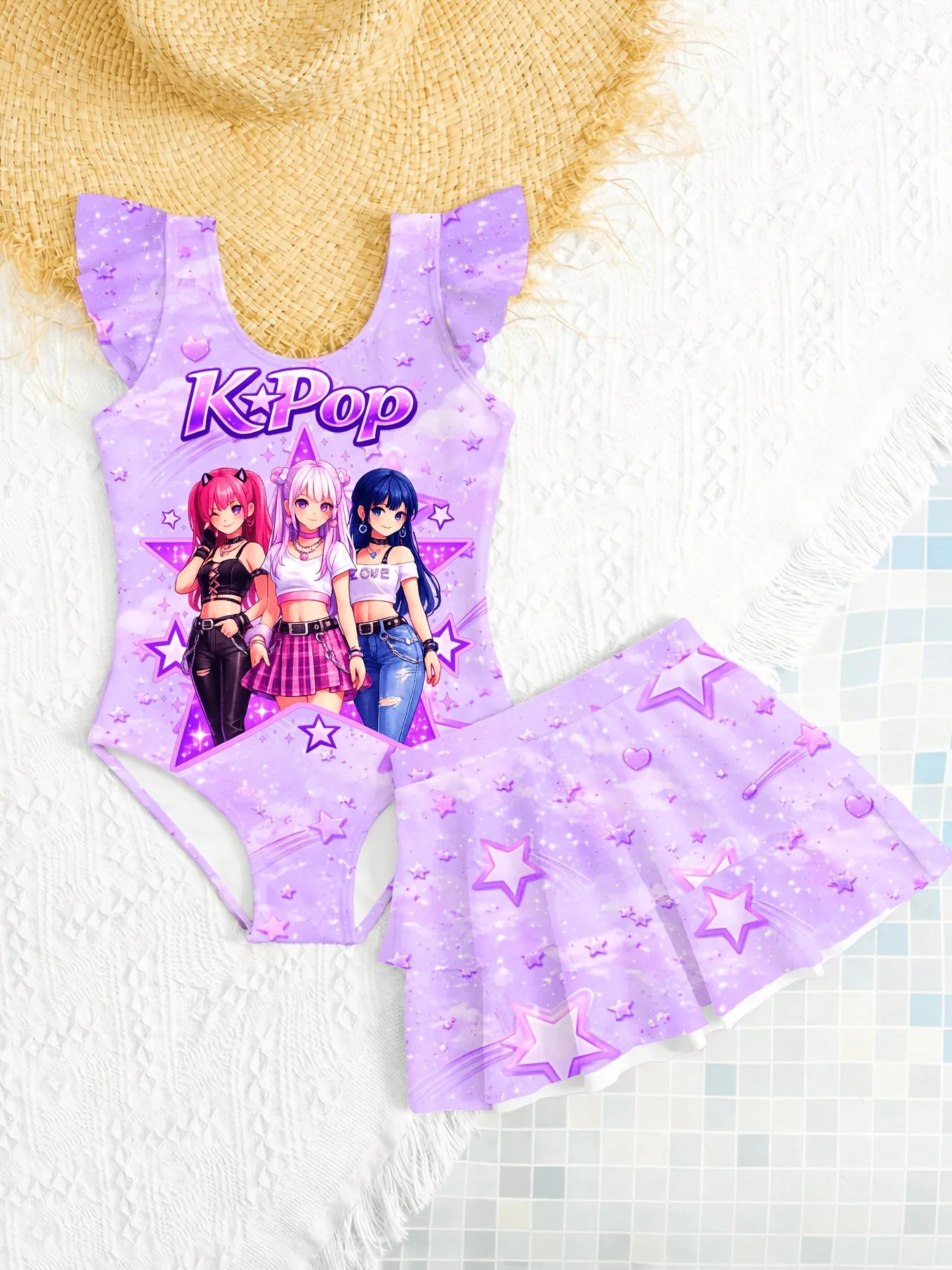Trendy Girls 2Pcs Bathing Suit, Purple Galaxy Star Anime Graphic Flutter Sleeve Swimsuit, Matching Skirt for Beach Pool Vacation