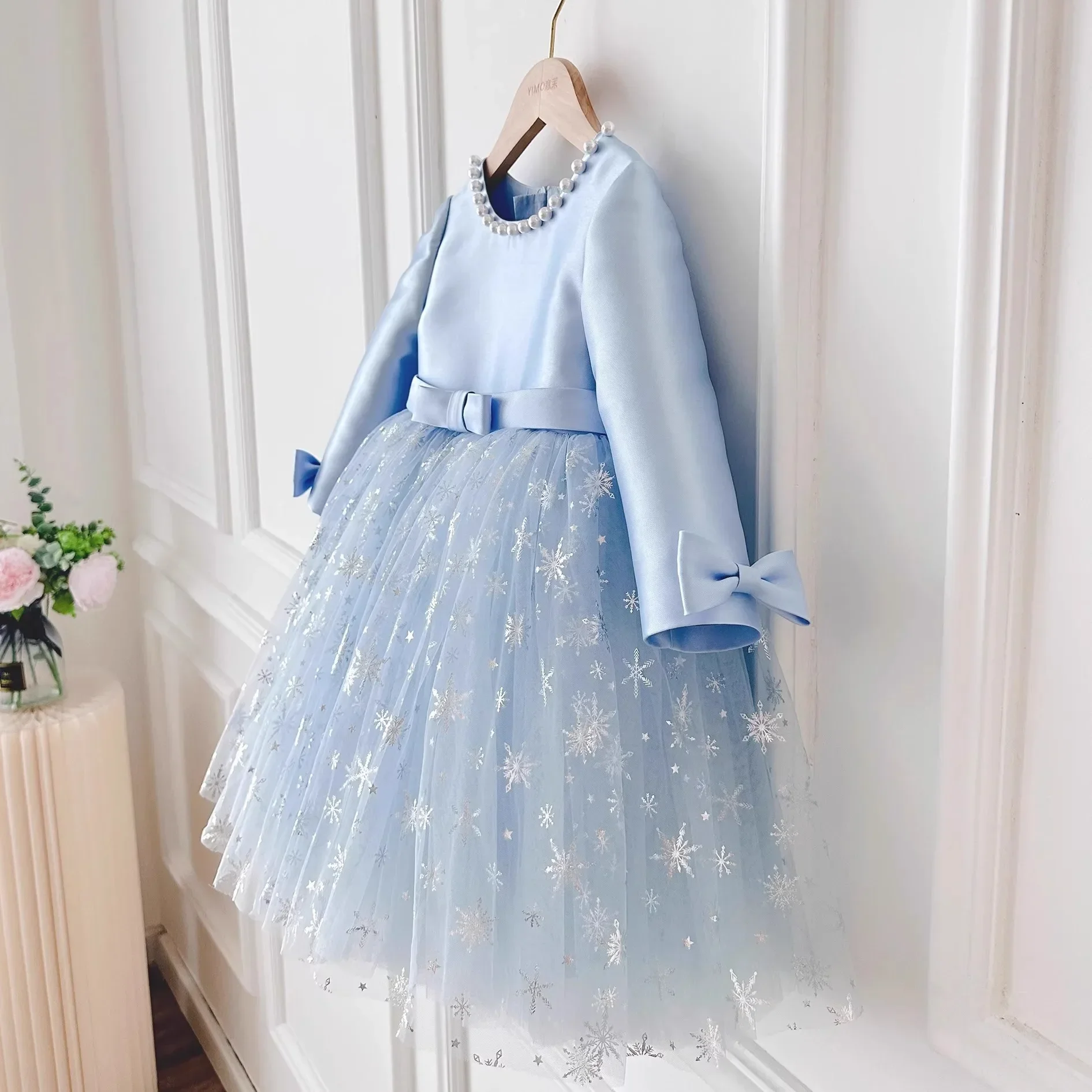 2025 Girls Blue Princess Dresses Snowflake Long Sleeve Birthday Dress Baby Clothes Children Costume Lace Spring for Eid Party