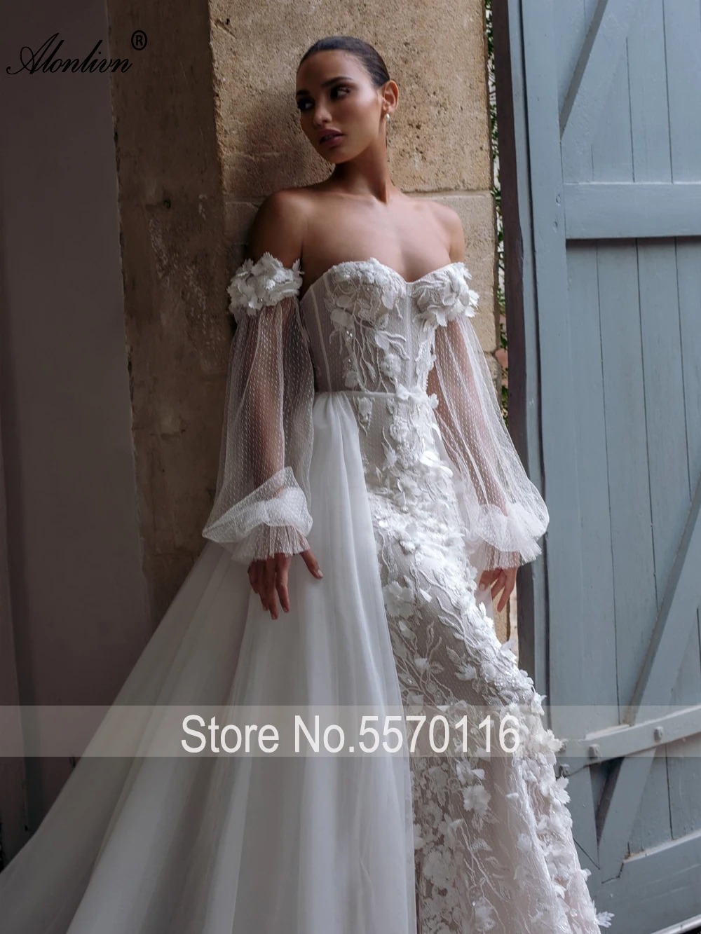 Alonlivn Delicate 3D Flowers Mermaid Wedding Dresses Decorated With Oversized Exclusive Floral Lace Trumpet Bridal Gowns