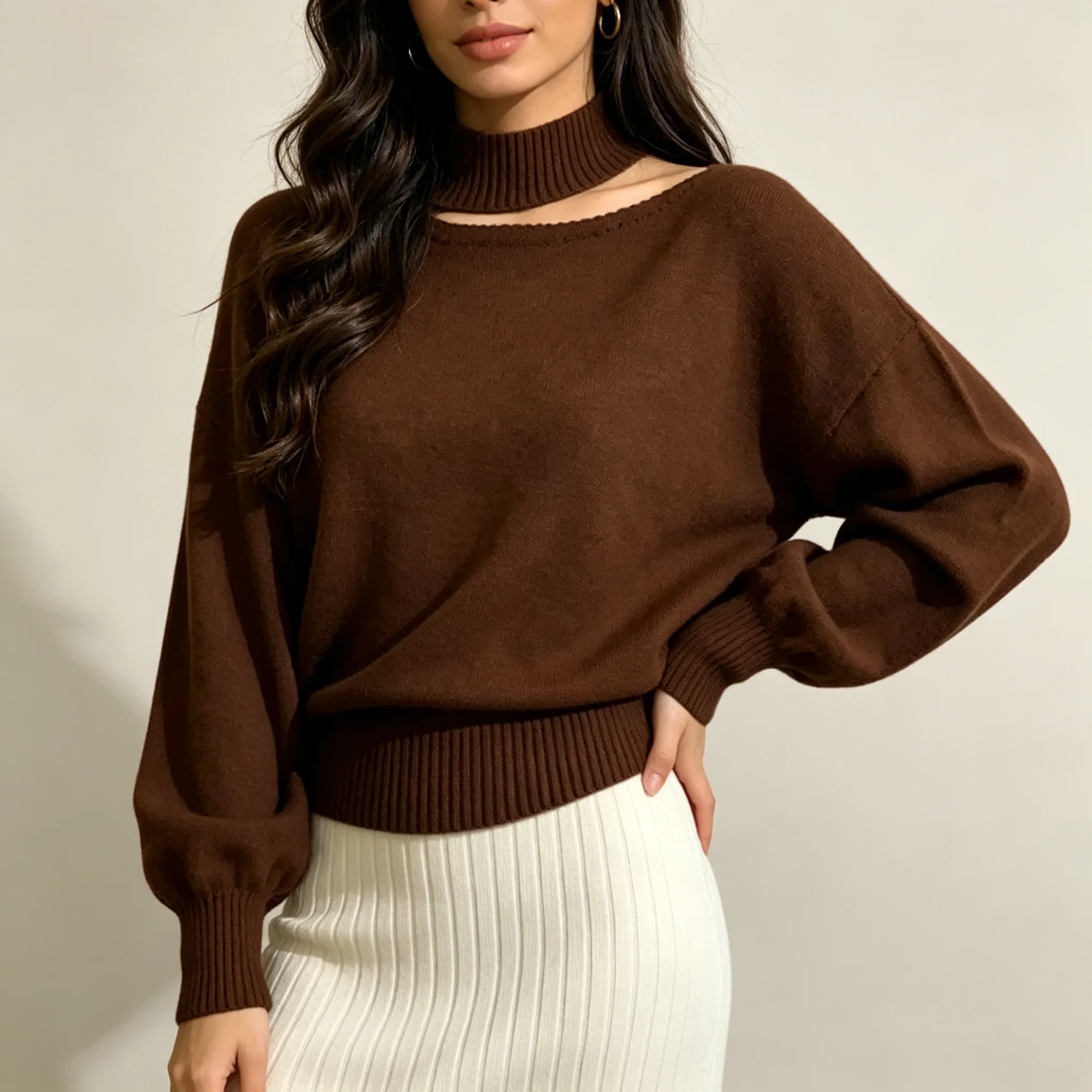Women Hollow Out Knit Sweater High Neck Cutout Long Sleeve Loose Pullover Mock Neck Slit Autumn Winter Casual Korean 2026