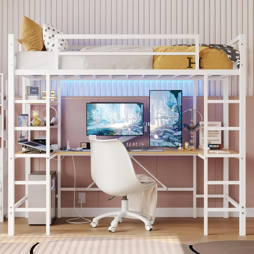 Twin Loft Bed with U Shaped Desk and Led Lights Metal Loft Bed Twin Size LED Frame with Charging Station and Storage Shelve