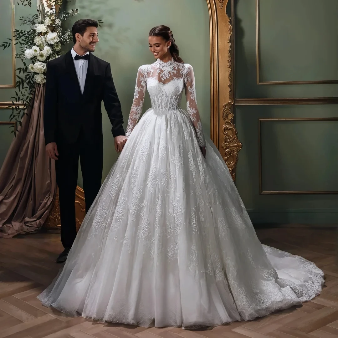 

2026 Elegant Lace Church Wedding Dresses Woman's A Line Lace Appliques Long Sleeve Tulle Bride Bridal Gowns Vestido De Novia