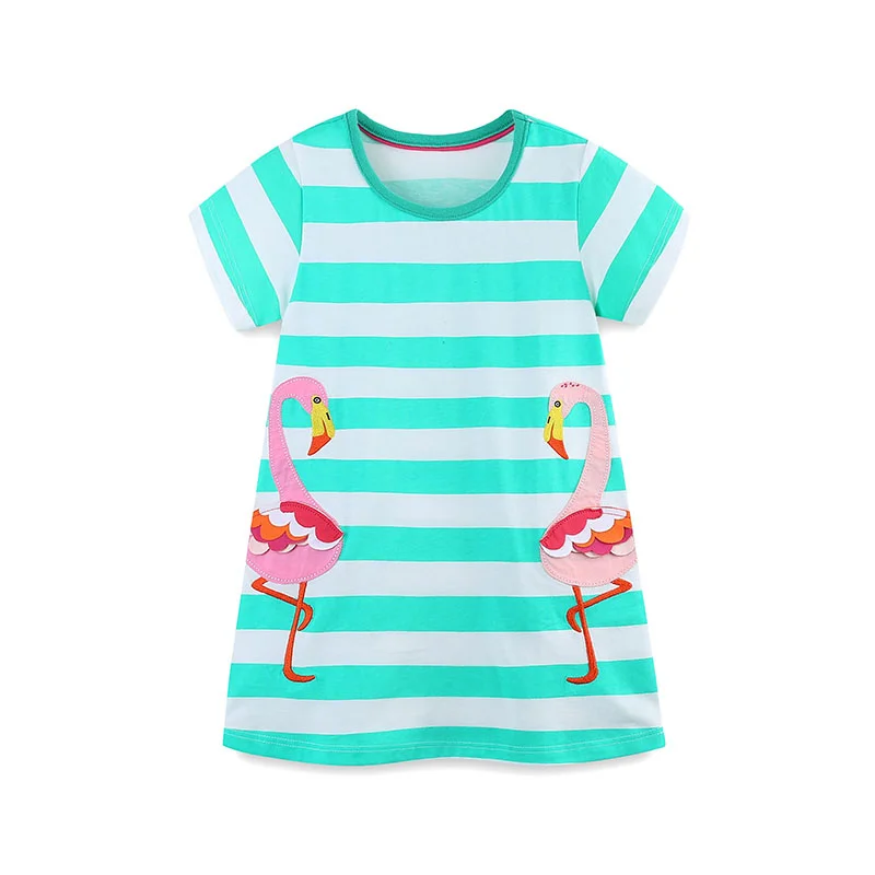 Jumping Meters 2-7T Summer Girls Dresses Flamingo Applique Short Sleeve Party Striped Clothes Toddler Frocks Costume