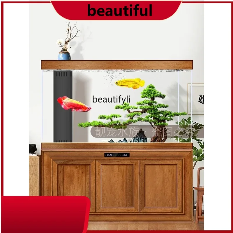 

H New Chinese Style Dragon Fish Tank Aquarium Living Room Wall Floor Change Water Bottom Filter Super White GlassH