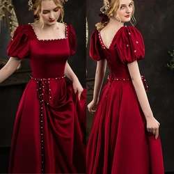 Female Retro French A-Line Evening Party Dress Qipao Burgundy Satin Square Neck Maxi Dress Sexy Exquisite Beads Wedding Dress