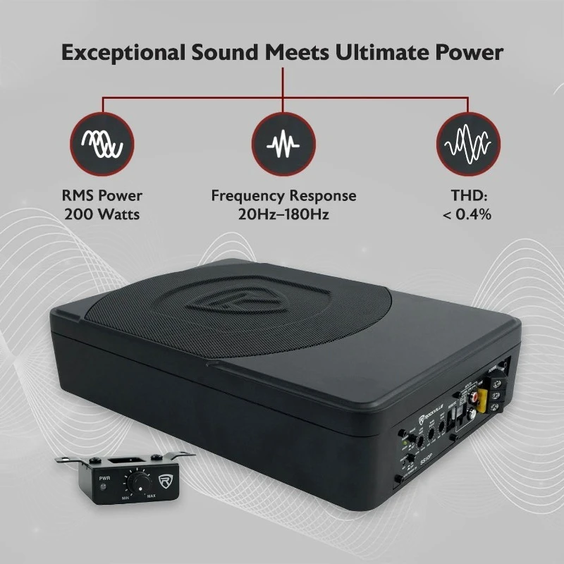SS10P 800W Slim Under-Seat Active Car/Truck Subwoofer, Built-in Amp, Wired Remote Bass Knob, Cast Aluminum, For Car