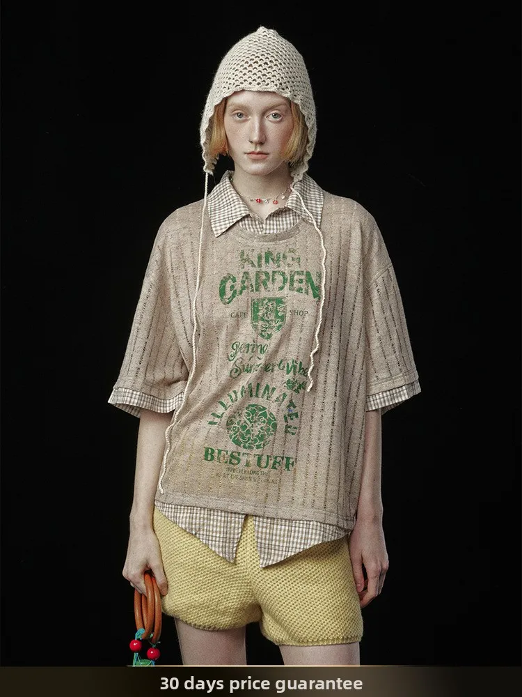 

Мужская футболка в стиле ретро-американского колледжа, с эффектом двухслойности, пэчворк, с коротким рукавом, летняя, в клетку, модный крой