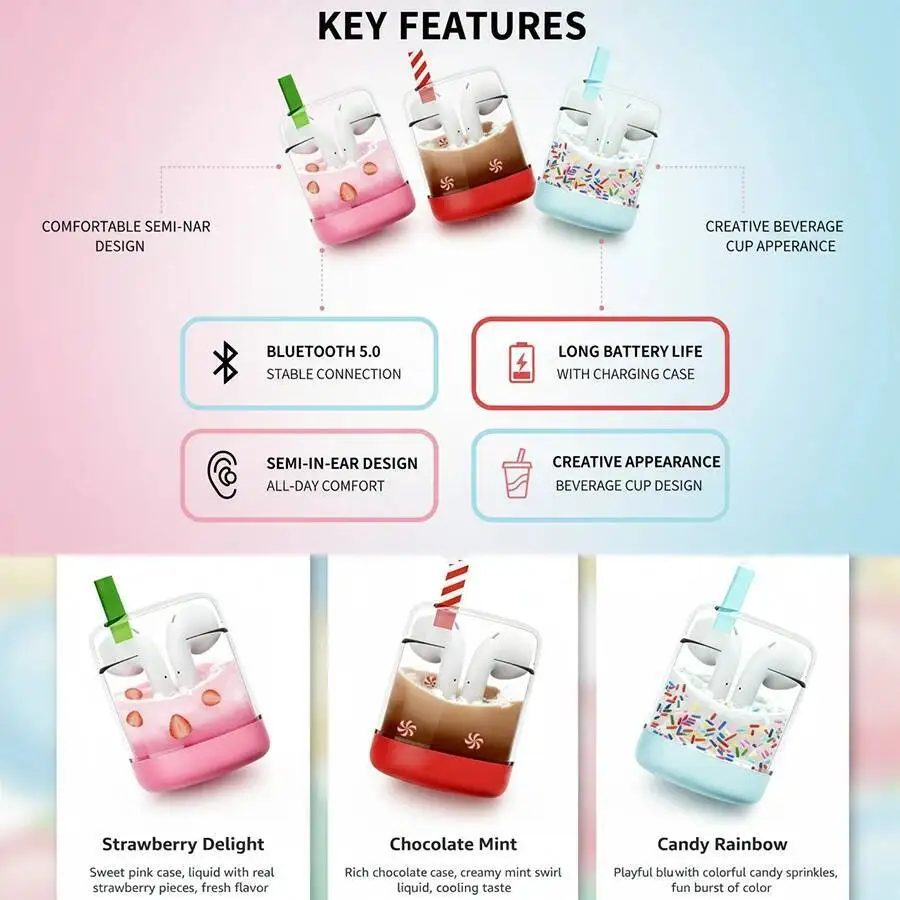 Creative Liquid Bubble Tea Cup Themed TWS Bluetooth Earphones Flowing Sand Design Beverage Cup Earbuds Long Battery HiFi Sound
