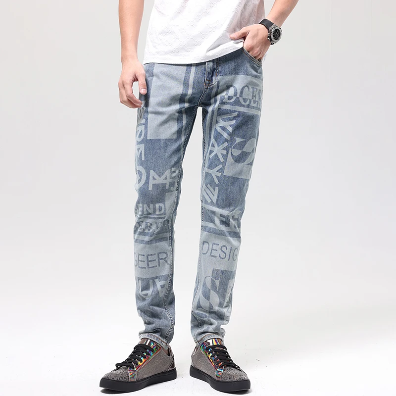 2024New High-End Jeans Men's Fashion Printed All-Matching Street Cool Handsome Slim-Fitting Skinny Trousers