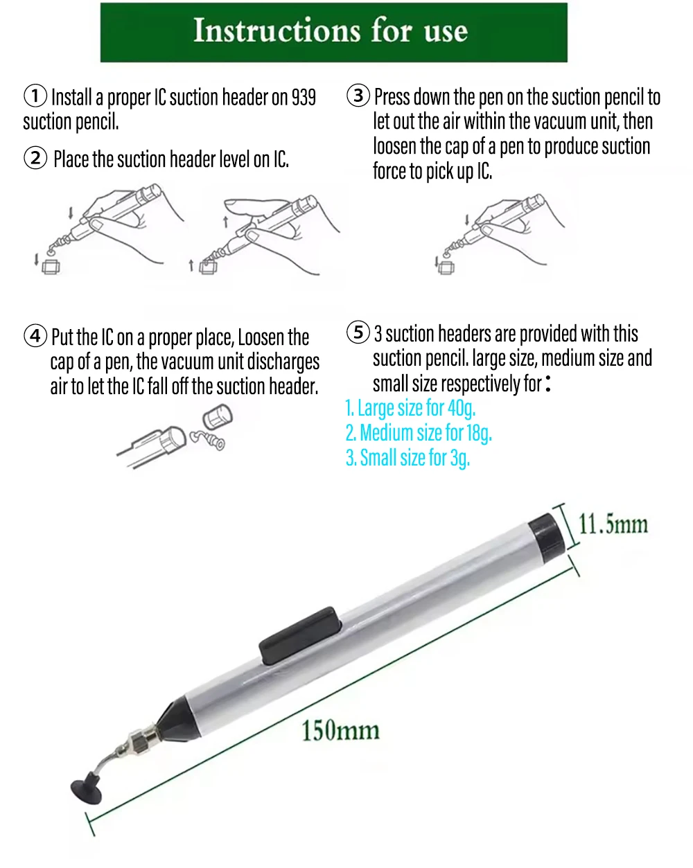 مجموعة أقلام شفط المكنسة الكهربائية IC SMD فراغ مص شفط القلم مزيل مصاصة مضخة التقاط أداة ديسولديرينغ ​ قلم مص مع 3 مصاصة