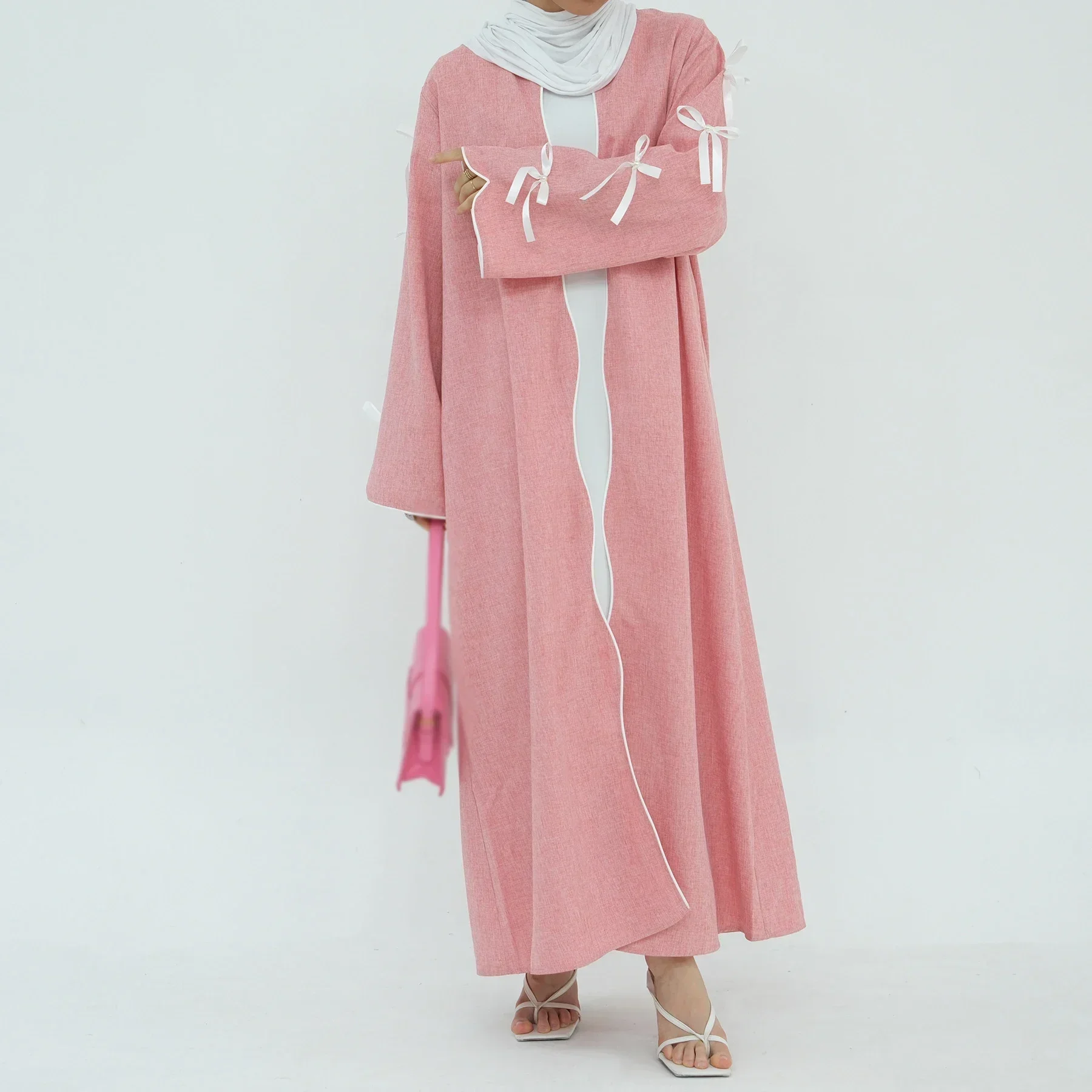 Abaya Kimono ouvert avec nœud pour femmes, Robe de dubaï modeste, turquie, Eid, Ramadan, Kaftan, manteau musulman, vêtements islamiques, Robe arabe Jalabiya