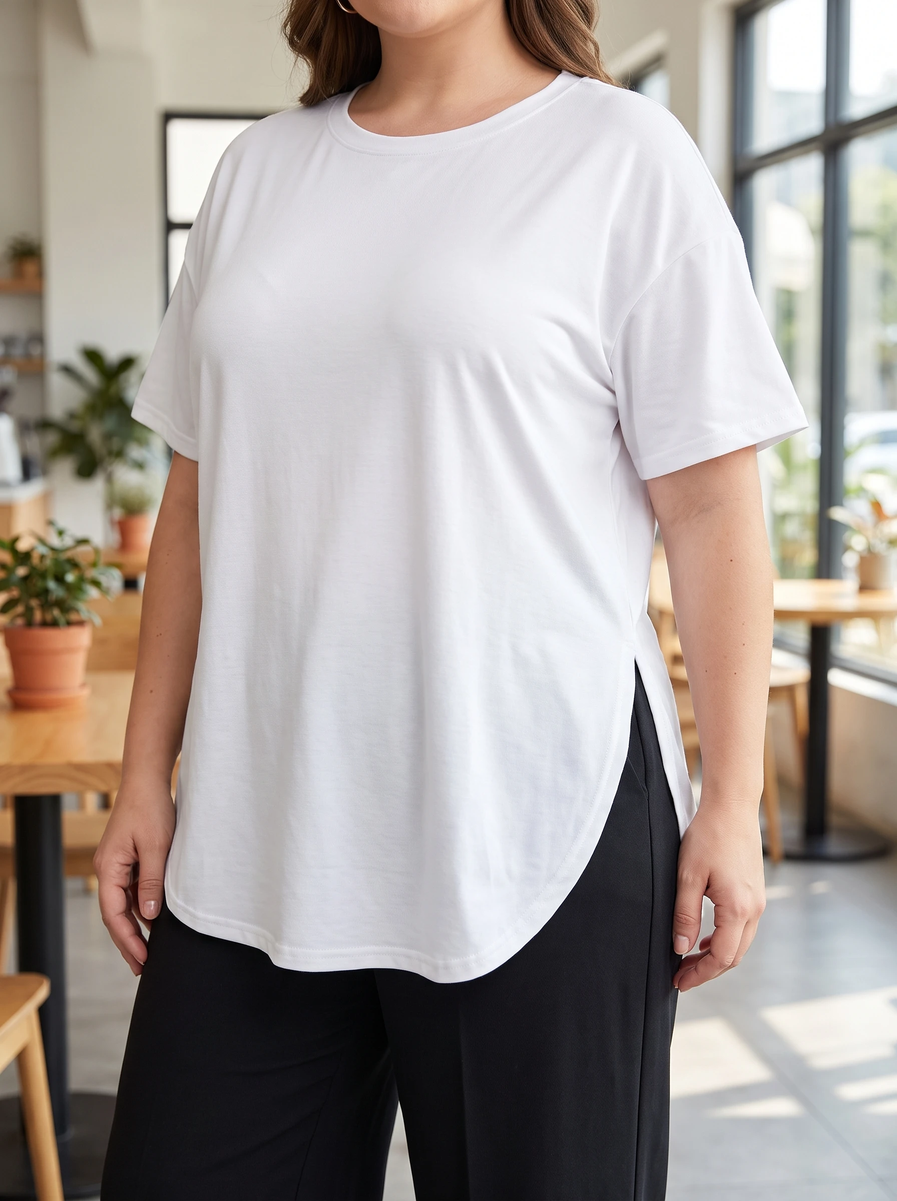 Gadinus Plus Size Damen-T-Shirt in Weiß, lockere Passform, kurzärmelig, seitlich geschlitzt, lässiges Oberteil – Detail 3