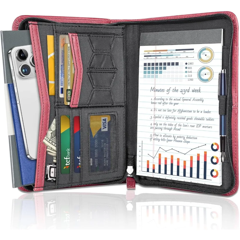 

Padfolio for Women, Zippered Business Portfolio, Leather Padfolio Binder 5.3 x 8 inch Writing Pad, Business Portfolio Organizer,