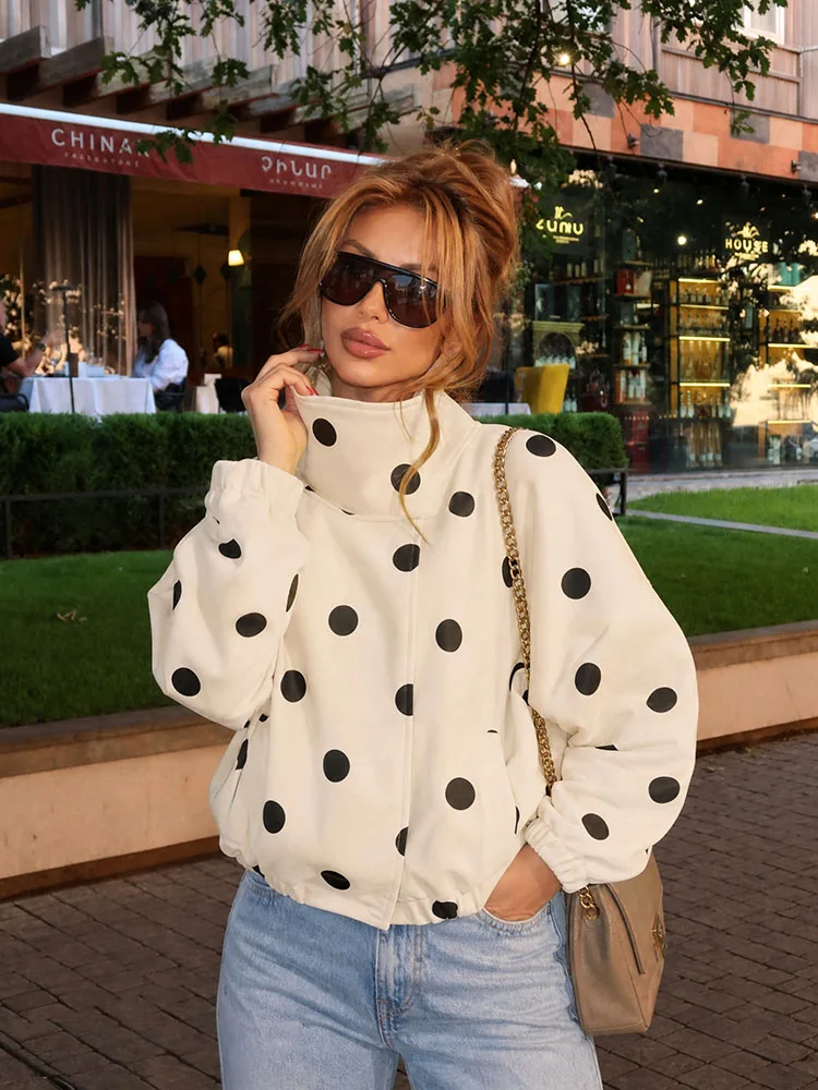 HH Women Summer Y2K Cream Black Polka Dot Jacket Spring High Neck Diagonal Zip Elastic Cuff Hem Loose Windproof Outerwear