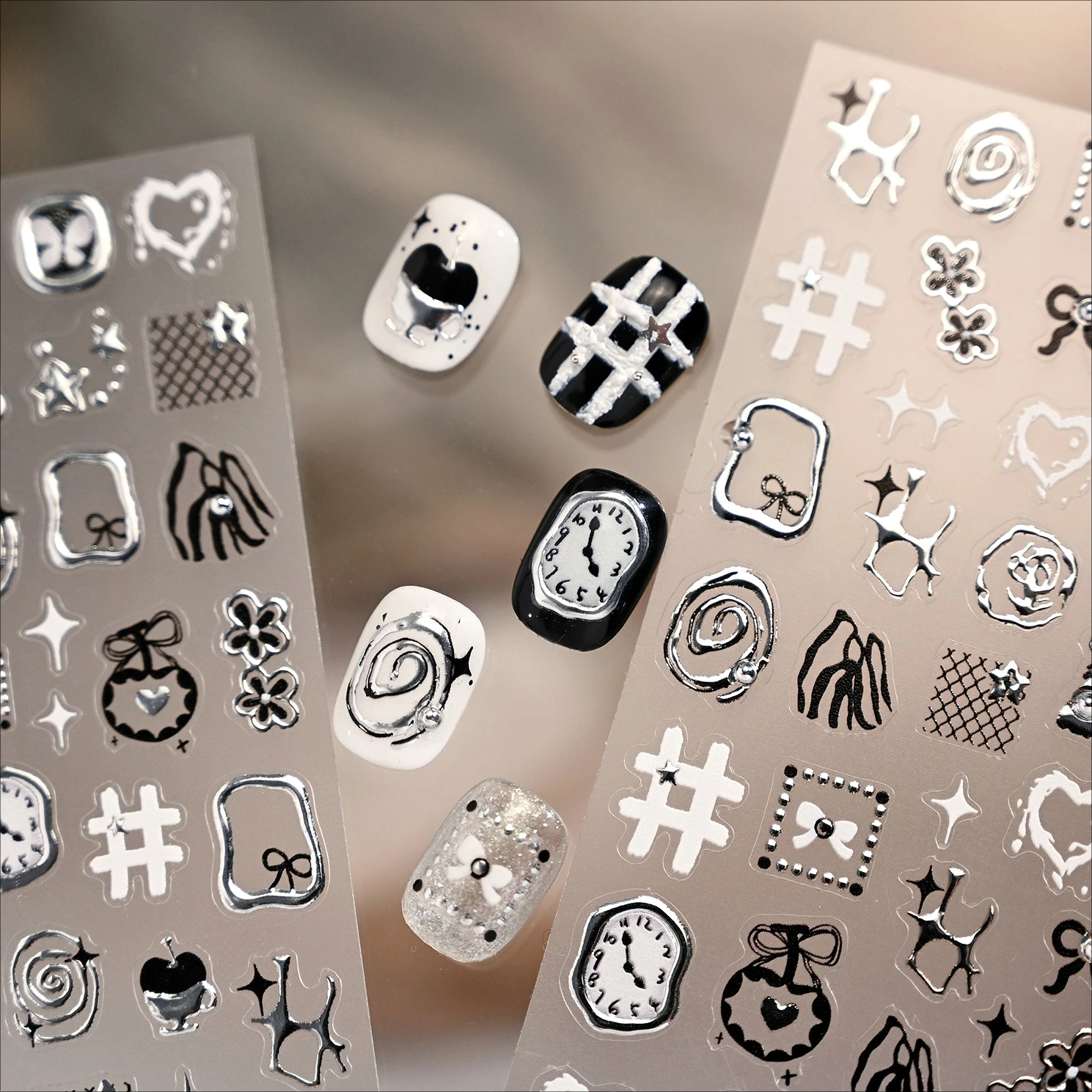 Black Bowknot Flower Grid Apple Star Line Silver Clock Butterfly Christmas Tree Snowman Adhesive Nail Art Sticker Manicure Decal