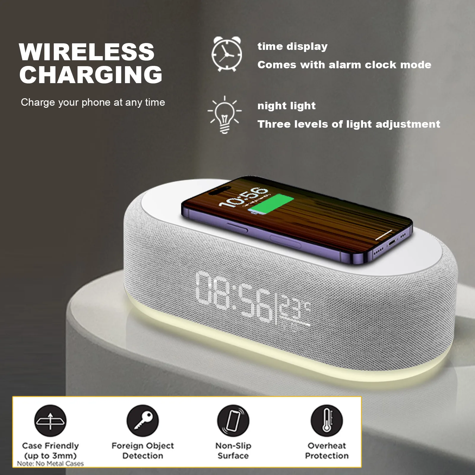 Fast Wireless Charger Alarm Clock Time LED Light Thermometer iPhone for 15 14 13 12 Charging Dock Station for Samsung S24 S23