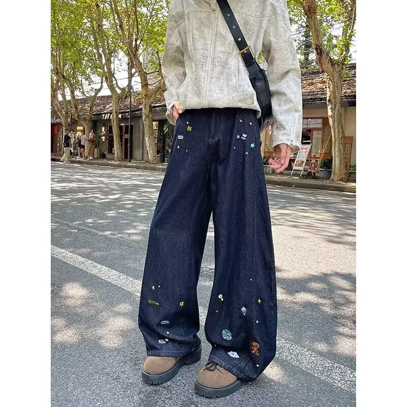 

Широкие джинсы с мультяшной вышивкой в стиле ретро, американский дизайн, свободные повседневные длинные брюки для мужчин и женщин, весенне-осенний сезон