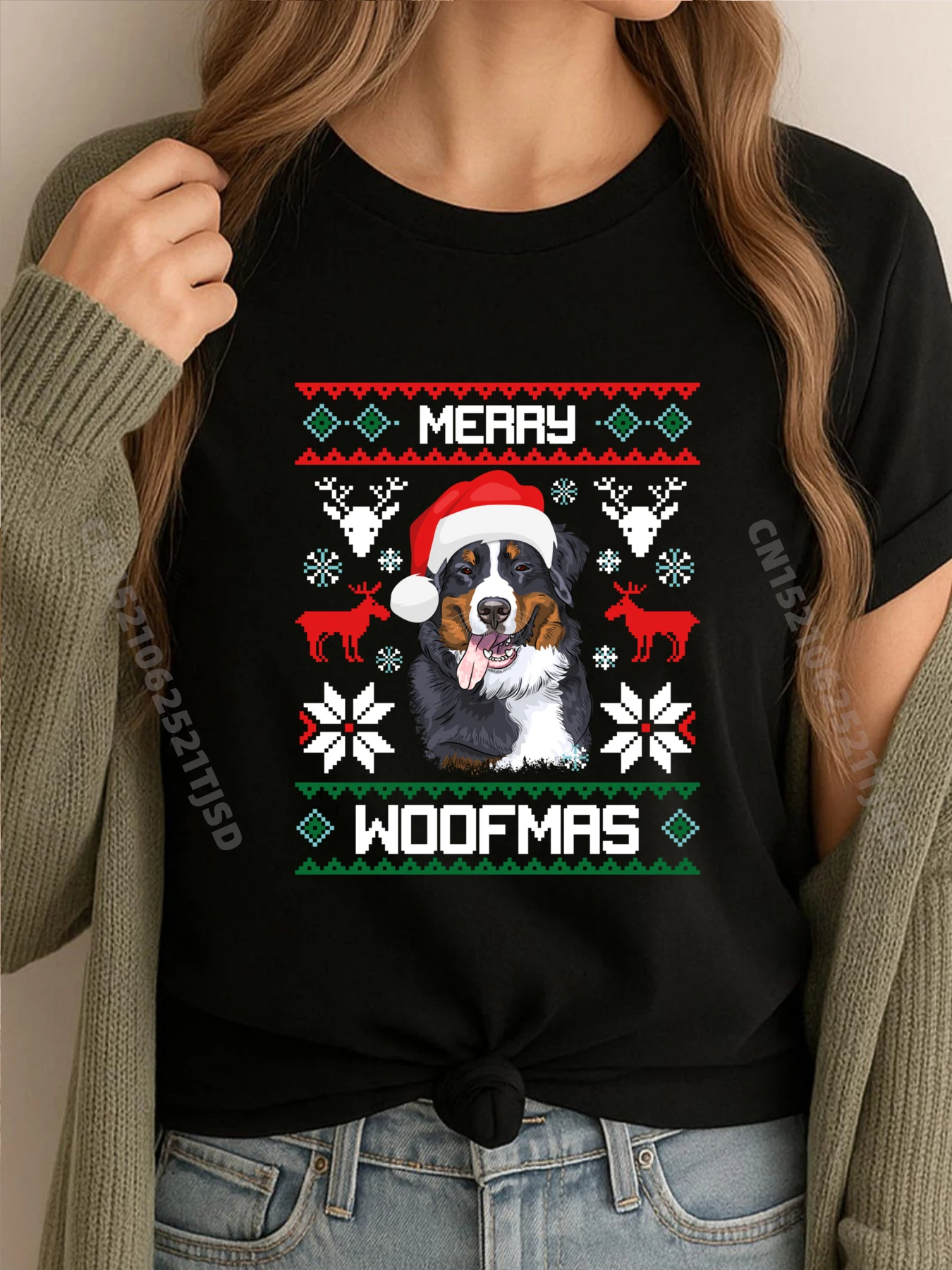

Бернский горный собака на Рождество Woofmas Бернер, хлопковые футболки с рисунком, женская одежда на День отца