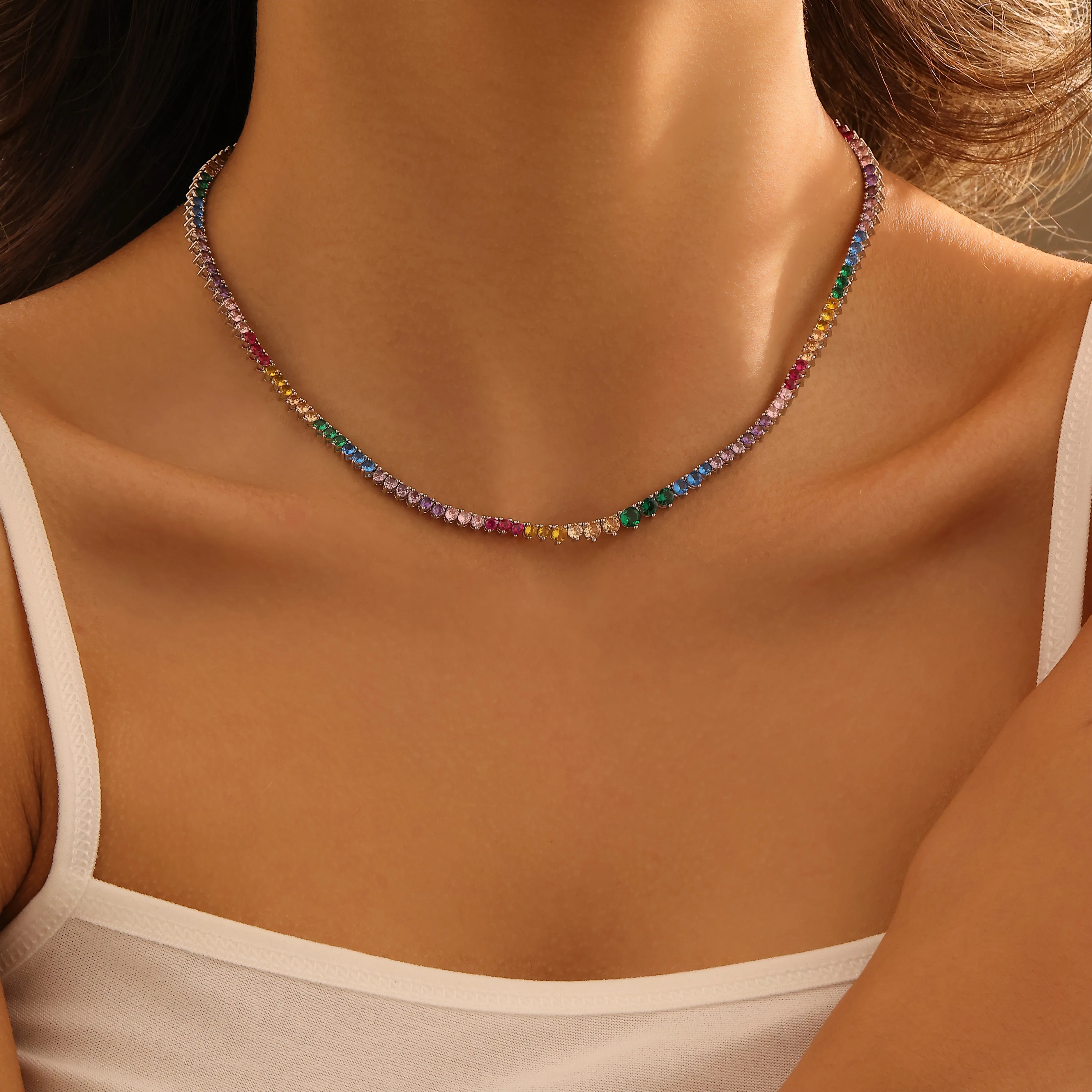 

Fashion Three-prong inlaid Necklace for Women Colorful Gemstone Zircon Choker Trendy Summer Natural Stone Jewelry Gifts