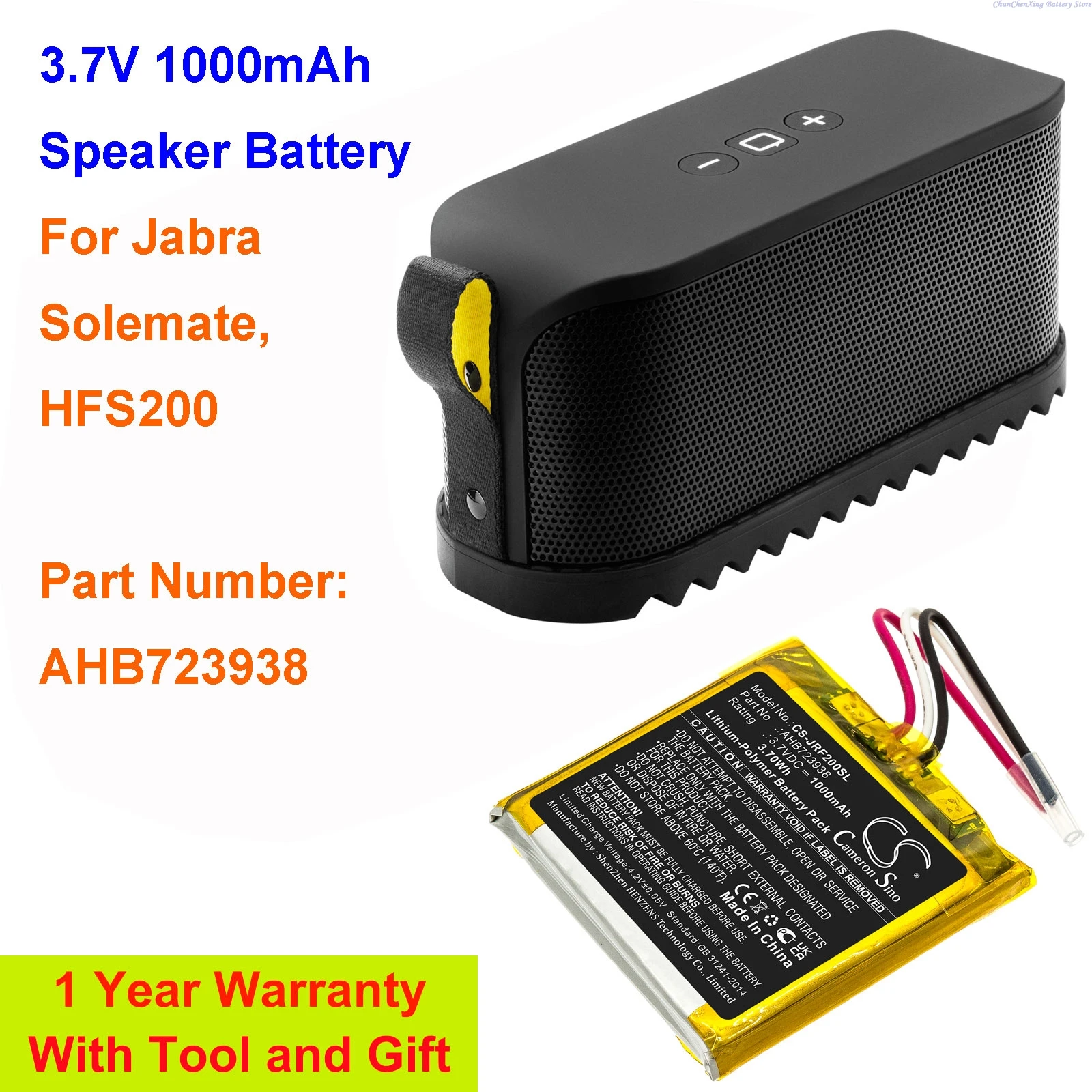 Cameron S37- Batterie pour haut-parleur, 3.7V, 1000mAh, AHB723938, Jabra Solemate, HFS200 + TOadvocate