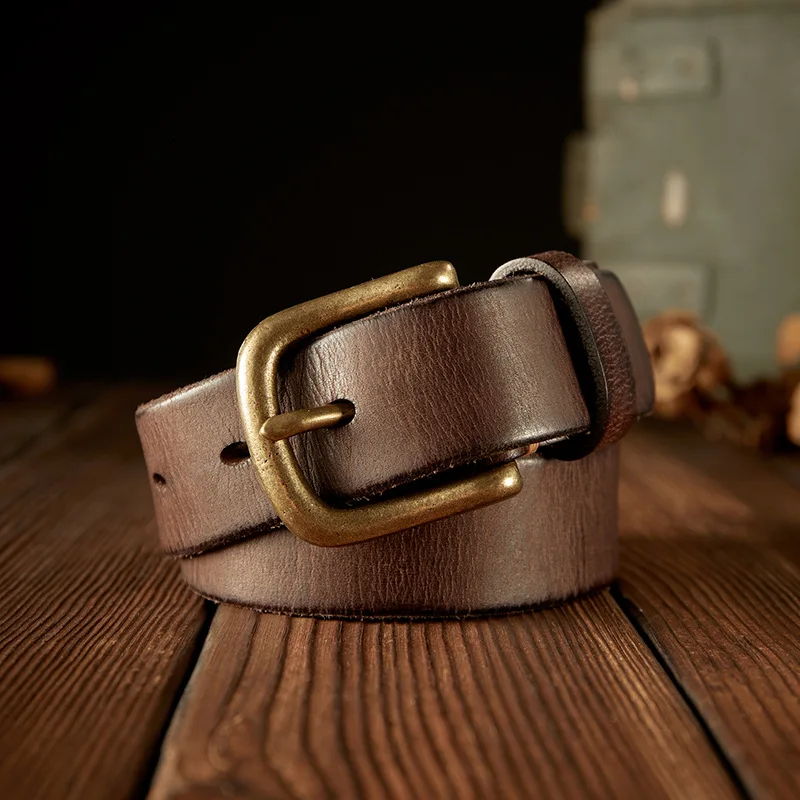 3.5cm/1.38'' Handmade Brass Buckle Belt Men's Genuine Leather Heel Bar Buckle First Layer Leather Youth Retro Jeans Wiastbelt