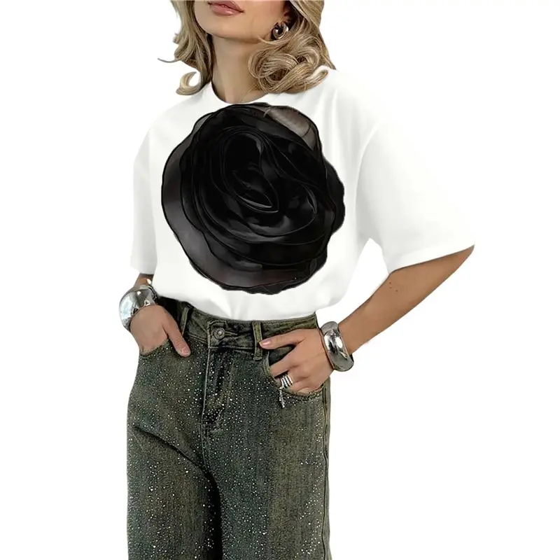 

CYL-Women's 3D Flower T-Shirt Short Sleeves Floral Tee Summer Crew Neck Top