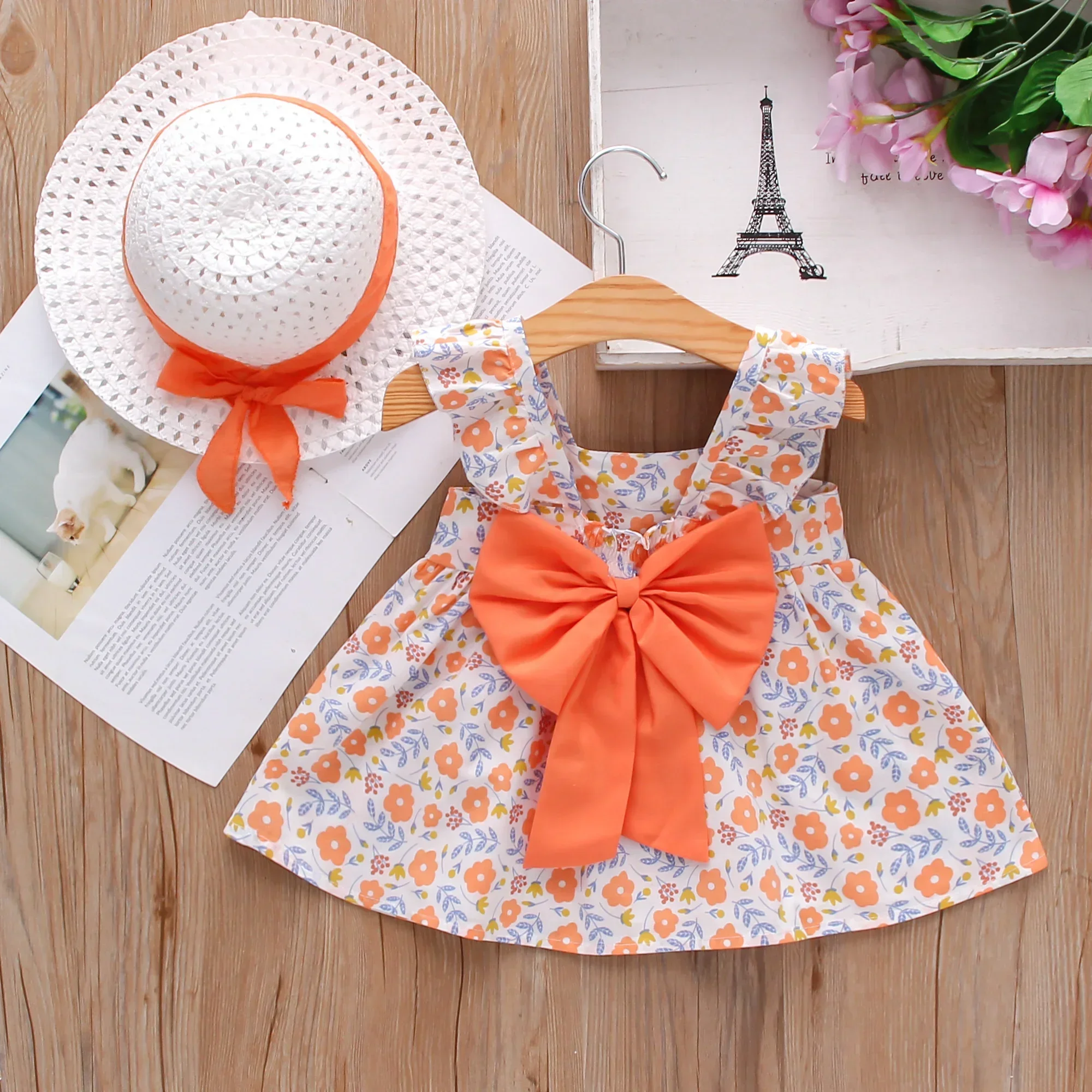 (Girls 0-3 Years Old) Two-piece Dress Summer New Dress Flower Print Bow A-Line Dress Halter Small Flying Sleeves