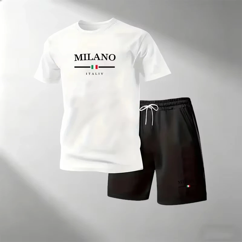 2026 Summer Men's Casual Round Neck T-Shirt + Shorts Two Piece Set Breathable Quick Dry Sports Suit Home Outdoor Running Gym