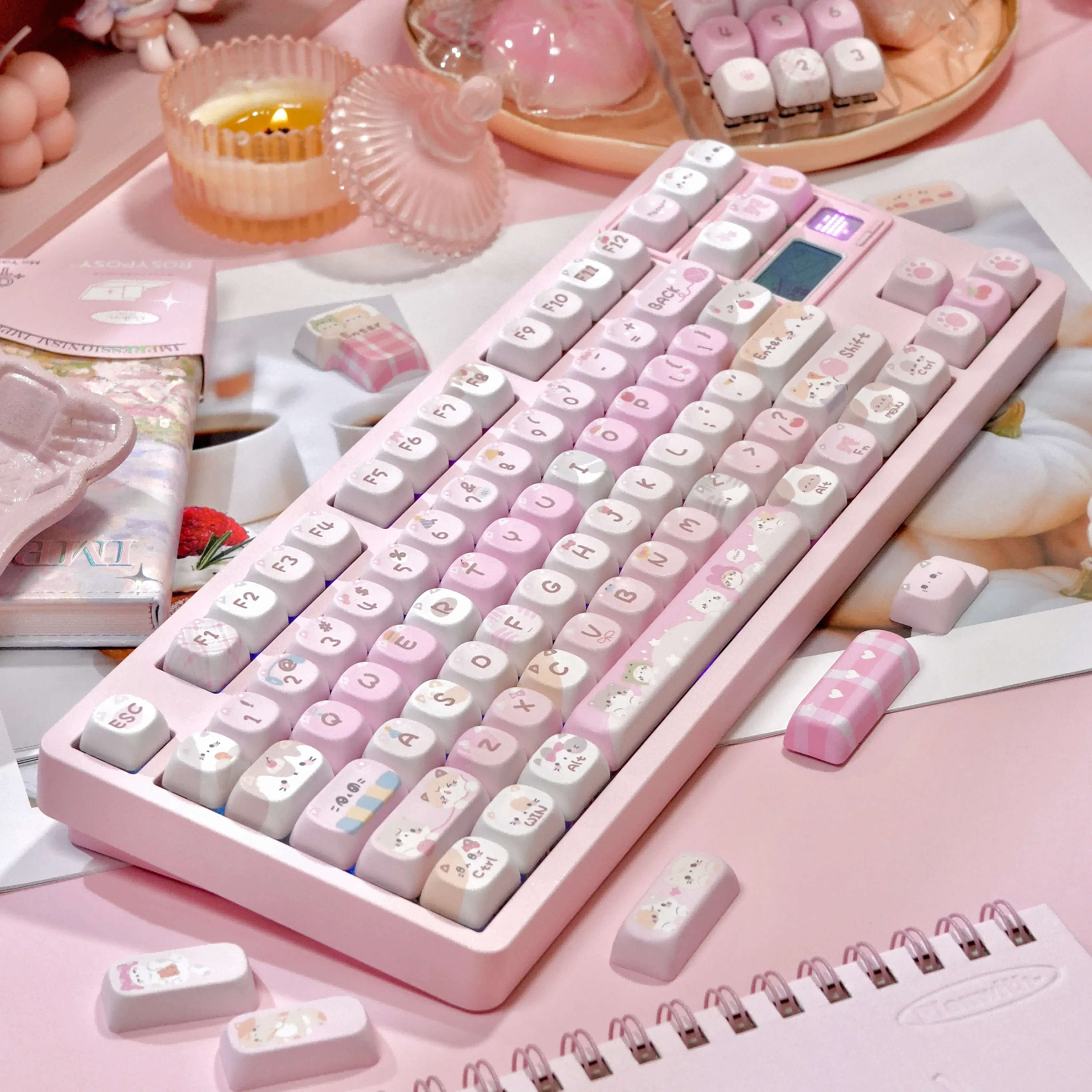 Pink Cute Cat MOA Keycap Set 126 Key PBT Cute PINK Personalized Keyboard Cap MOA Profile Key Cap for Mechanical Keyboard