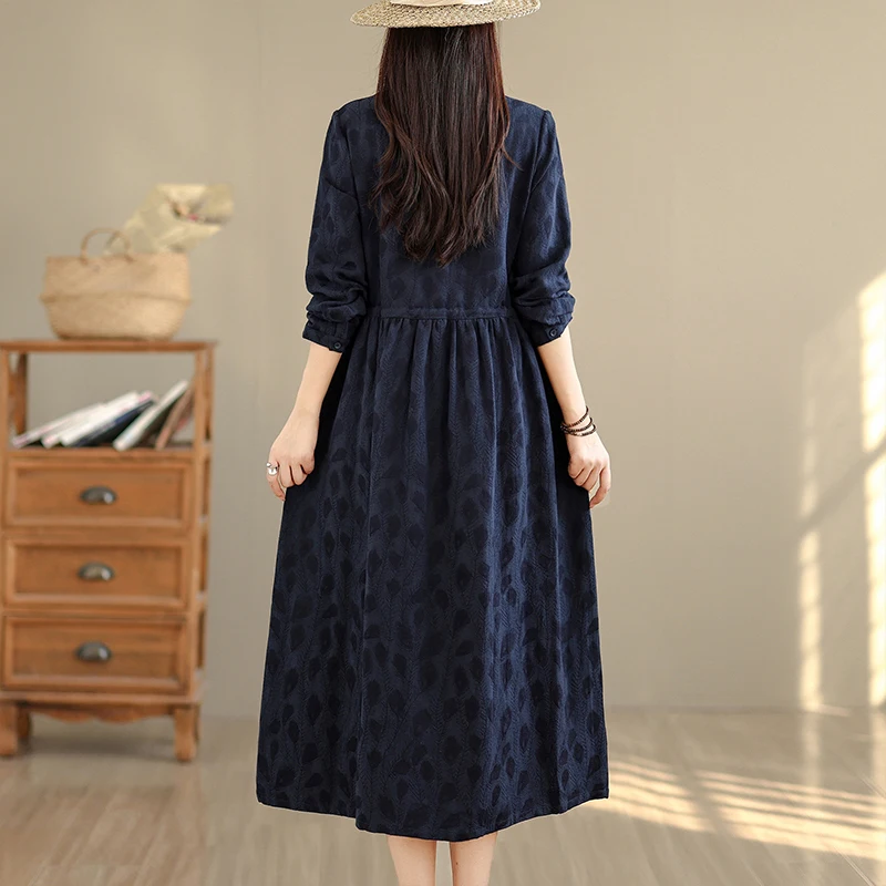 NYFS 2025 فساتين نسائية جديدة لخريف 2021 بأكمام طويلة فستان قميص من قماش الجاكار من القطن الخالص على شكل طاووس من ريش الطاووس