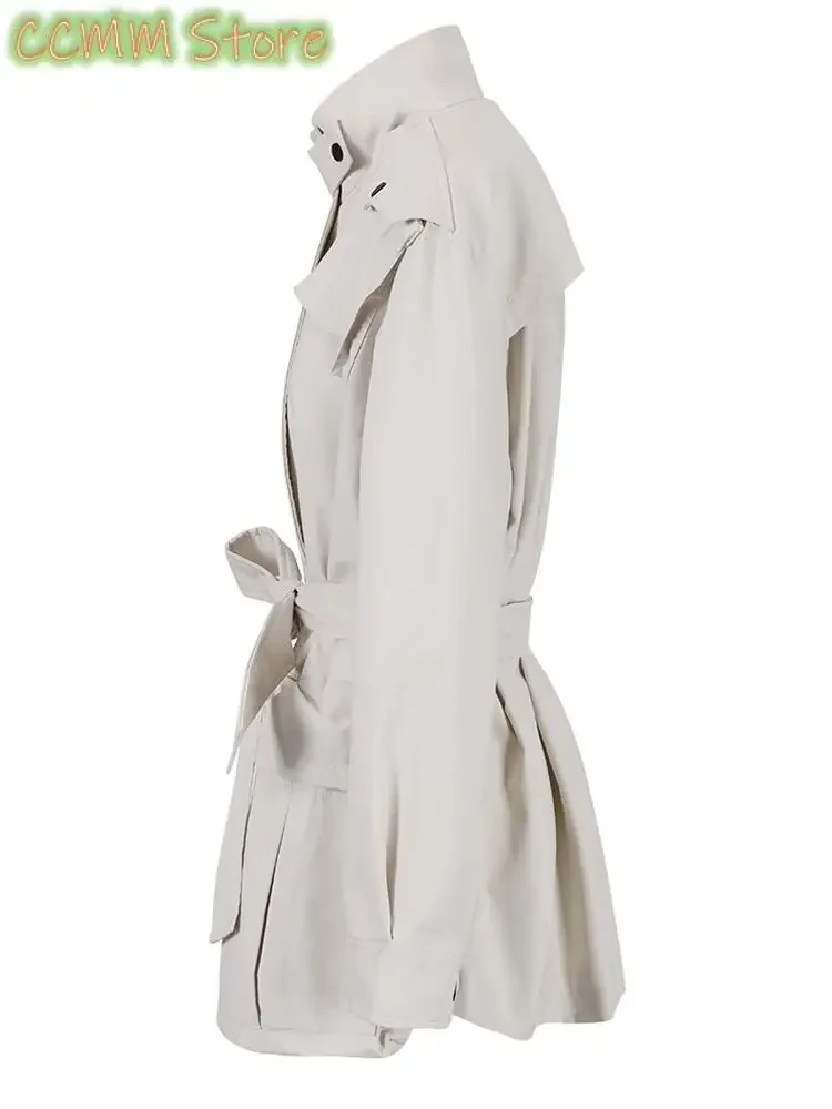 Women Beige Belted Big Size Casual Trench New Stand Collar Long Sleeve Loose Windbreaker Fashion Tide Spring Autumn