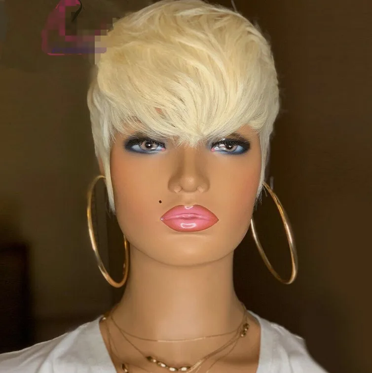 Honey Blonde Human Hair Wigs Short Wavy Bob Pixie Cut None Lace Soft Hair