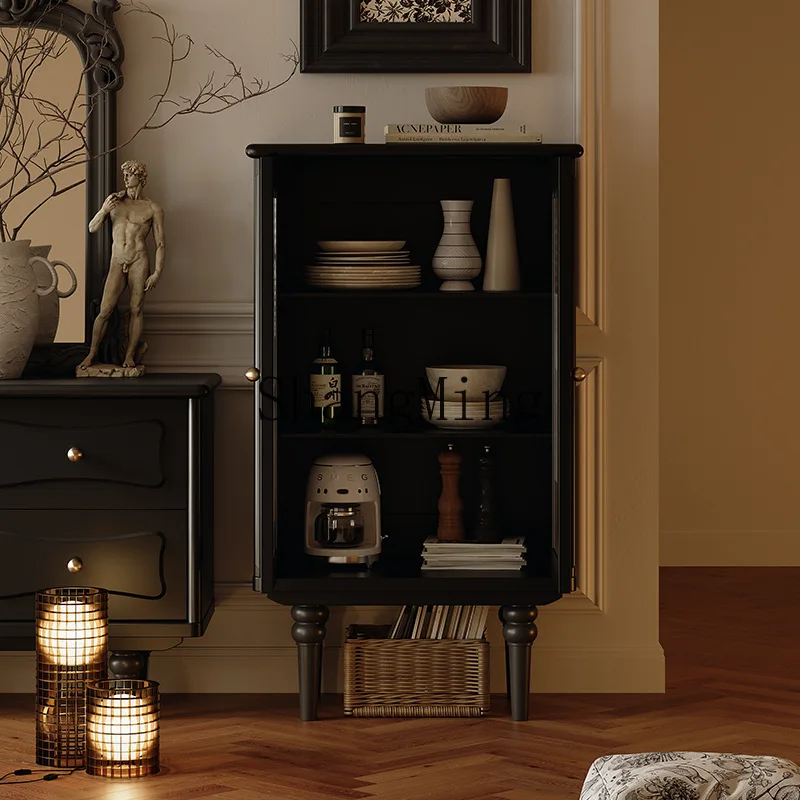Lemari Anggur Kaca Retro Premium ZYY Hitam Kayu Solid untuk Dinding, Rak Pajangan Samping TV Rumah