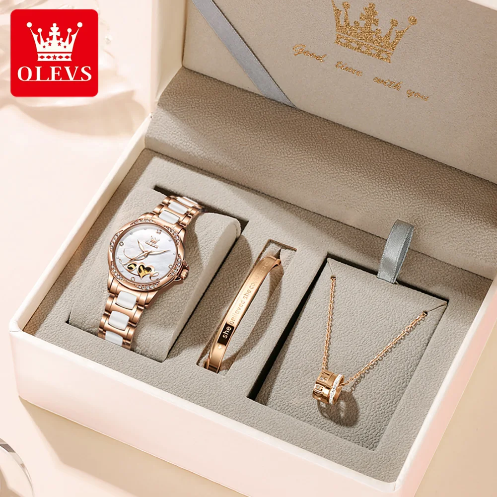 

3Pcs/Set OLEVS Women Mechanical Watches Luxury Automatic Movement Hollow Heart Design Diamond Ceramics Ladies Waterproof Watch