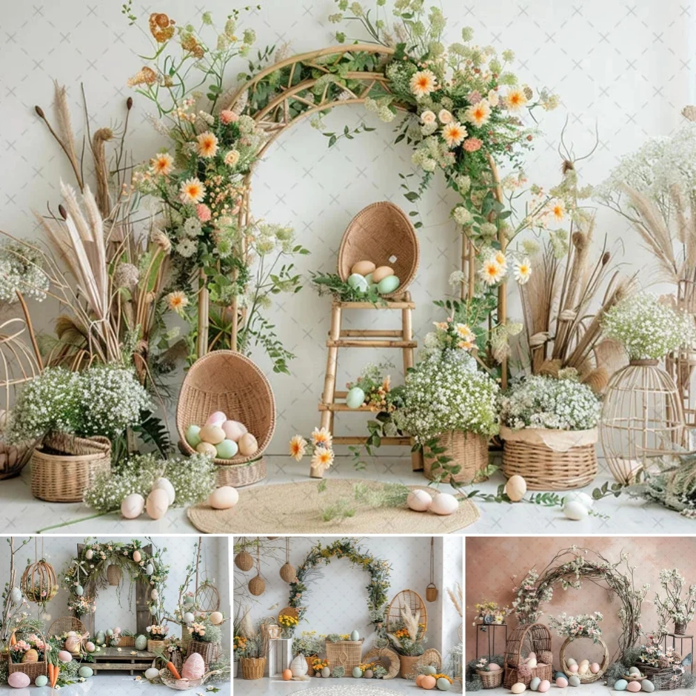 

Spring Easter Boho Arch Backdrop Garden Floral Eggs Kids Birthday Cake Smash Portrait Decor Photography Background Props